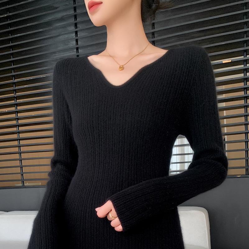 Women's Slimming Ribbed Wool V-neck Cashmere Sweater: Solid Color, Long Sleeve, Casual Knitwear