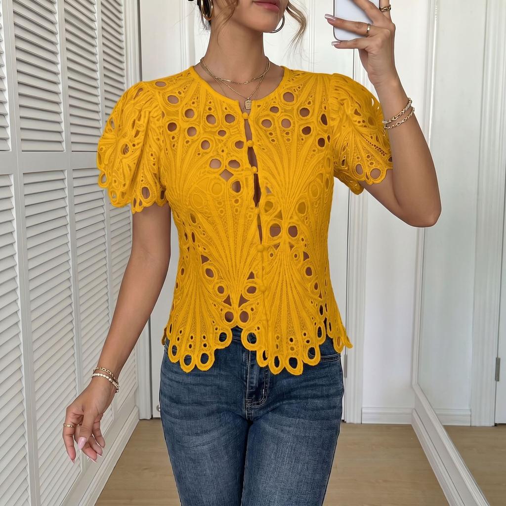 European Style Summer Solid Color Fashion Casual Short Sleeve Blouse Women