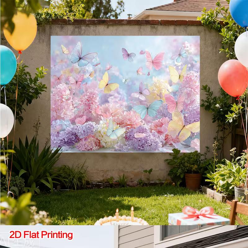 2D Pastel Aesthetic Banner, Hydrangea Garden with Colorful Butterflies
