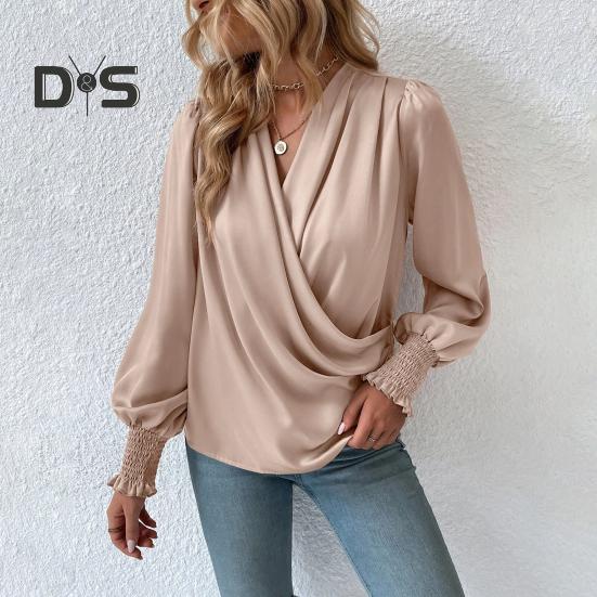 Holiday Casual Chic Shirt Women's Elegant V Neck Lantern Sleeve Soft Stylish Commuter Party Solid Color Top