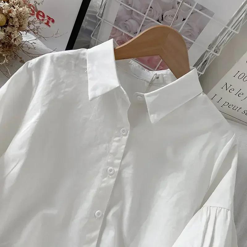 Puffärmel Blusen Damen Weiß Umlegekragen Preppy Sinn für Design Schicke Damenoberteile Koreanische Mode Einfache Sommerbluse