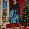 Women's Fashion Round Casual Slim Fit Christmas Print Large Swing Long Sleeve Dress