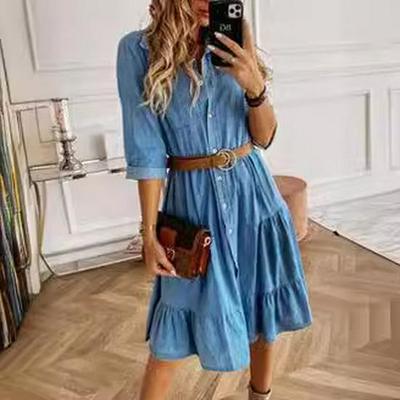 2022 Bestseller: Europäisch-Amerikanisches Denim Patchwork Knopf Midikleid mit eckigem Ausschnitt