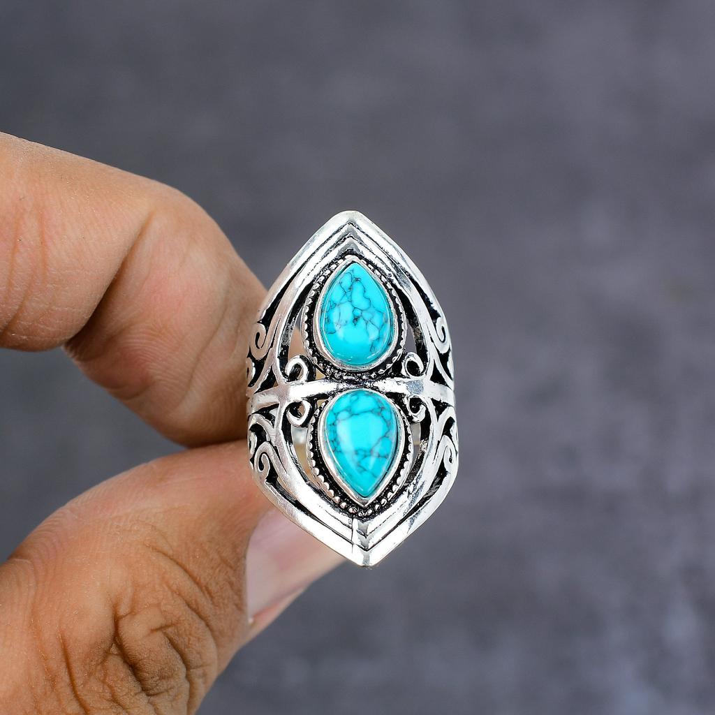 Tibetan Turquoise Gemstone 925 Sterling Silver Ring Size 8 Gift For Her