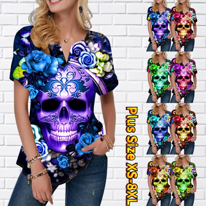 

Женская летняя футболка с розовым скелетонизированным принтом футболки с коротким рукавом повседневные топы с короткими рукавами с V-образным вырезом