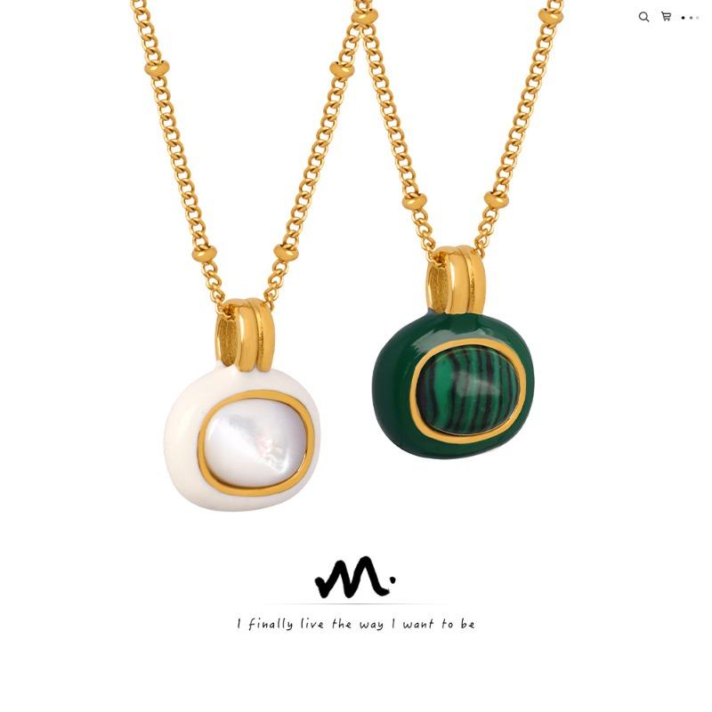 Meier Palace Style Retrostylish Titanium Steel Gold-plated Colored Glaze White Shell Malachite Pendant Necklace