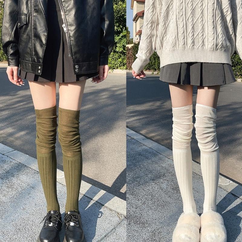 Japanese Women Elastic Over Knee Socks Student Slouch Top Rib Knit Long Stocking