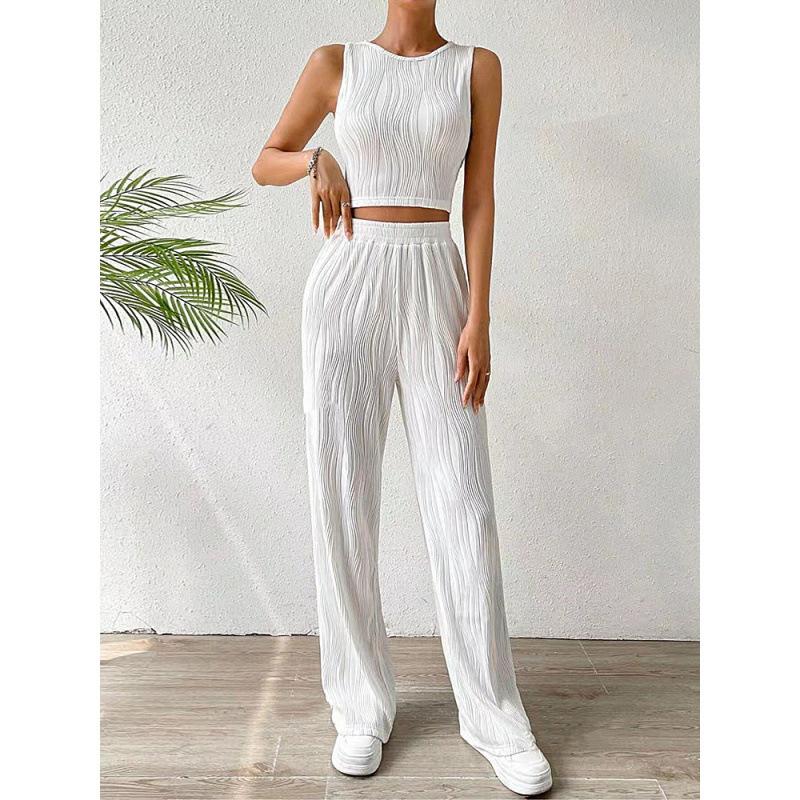 1116 Summer European and American Women's Clothing Set Solid Color Water Wave Crew Neck Vest Top Wide Leg Pants Two-piece Set
