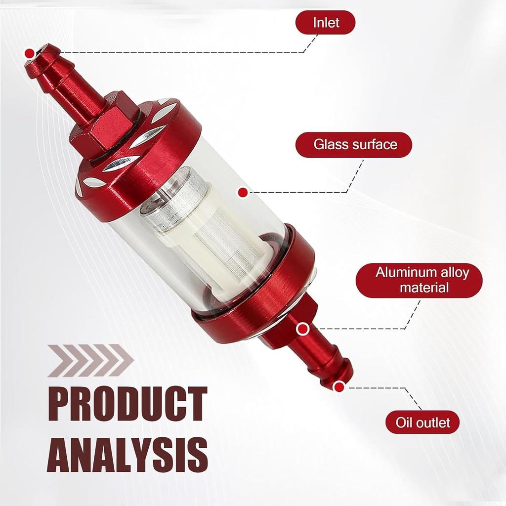 Motorcycles Fuel Filter, 1/4" Inline Fuel Filters, Transparent Tempered Glass Alloy Oil Filter Cup, Universal for ATV, Motorcycles, Dirt Bike (Red)
