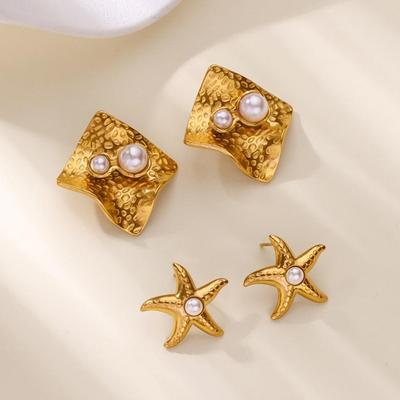 Stainless Steel Pearl Stud Earrings Women's High-end Sense K Gold Non-fading Earrings Starfish Shell Earrings Temperament