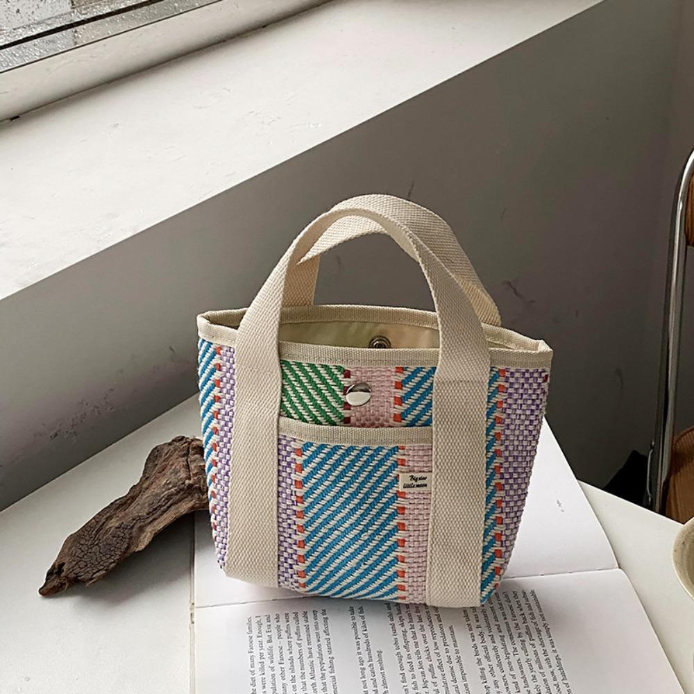 Large Capacity Straw Bag Stripe Tote Bag Practical Lunch Bag  for Home