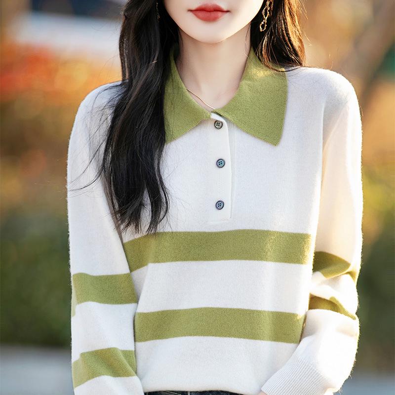 Autumn/Winter Women's 100% Wool Color Block Stripe Polo Sweater - Korean College Style Long Sleeve Knitwear