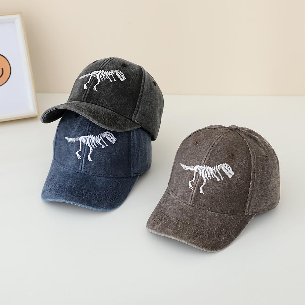 Children's Dinosaur Skeleton Washable Baseball Cap - Spring/Summer Vintage Distressed Style 
