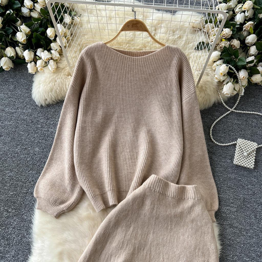 Autumn Casual Two Pieces Sets Women O-Neck Loose Knitting Top+Elastic Waist Large Swing Skirt Basic Korean Winter Sets