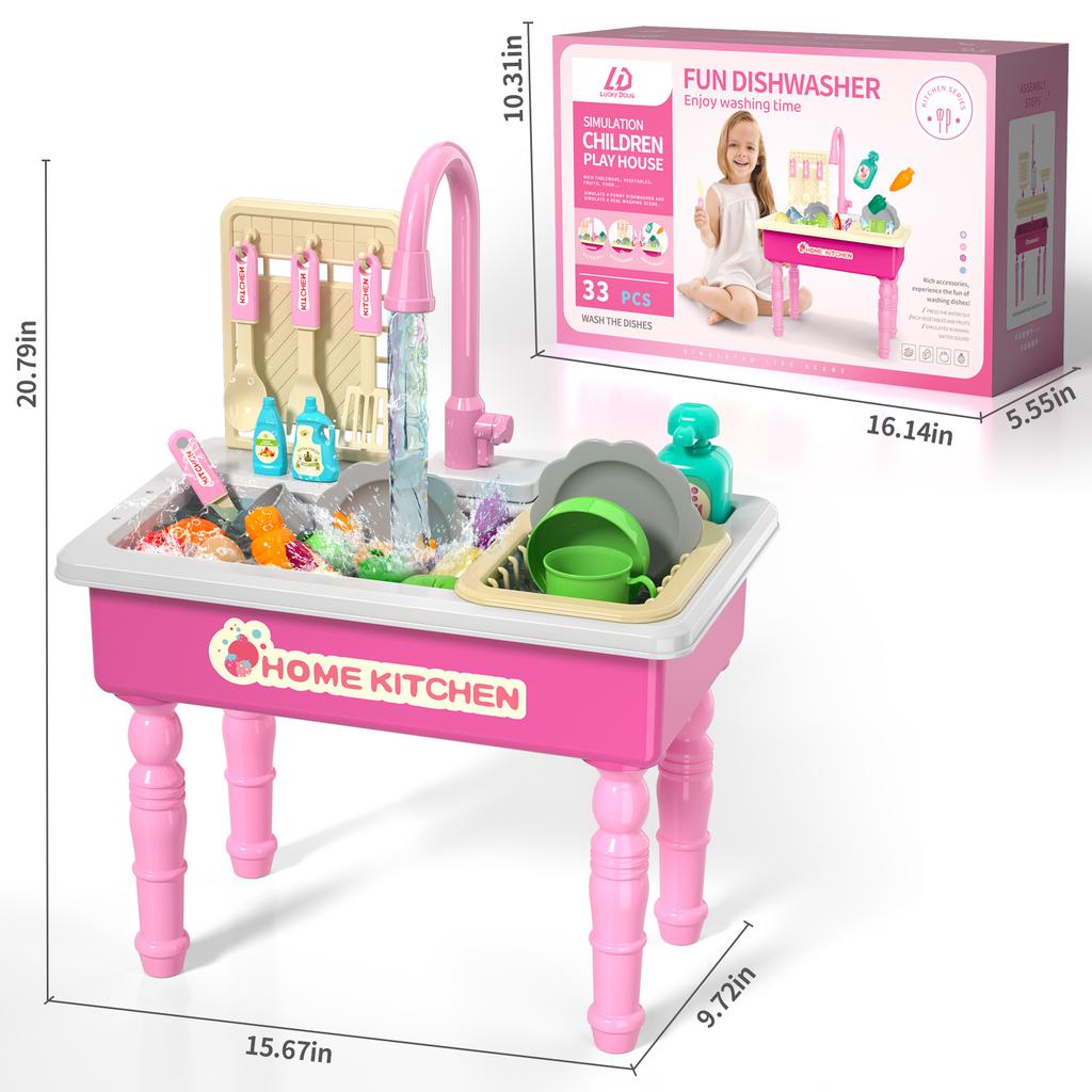 Play Kitchen Sink Toy with Running Water, Dishwasher and Upgraded Automatic Water Cycle System
