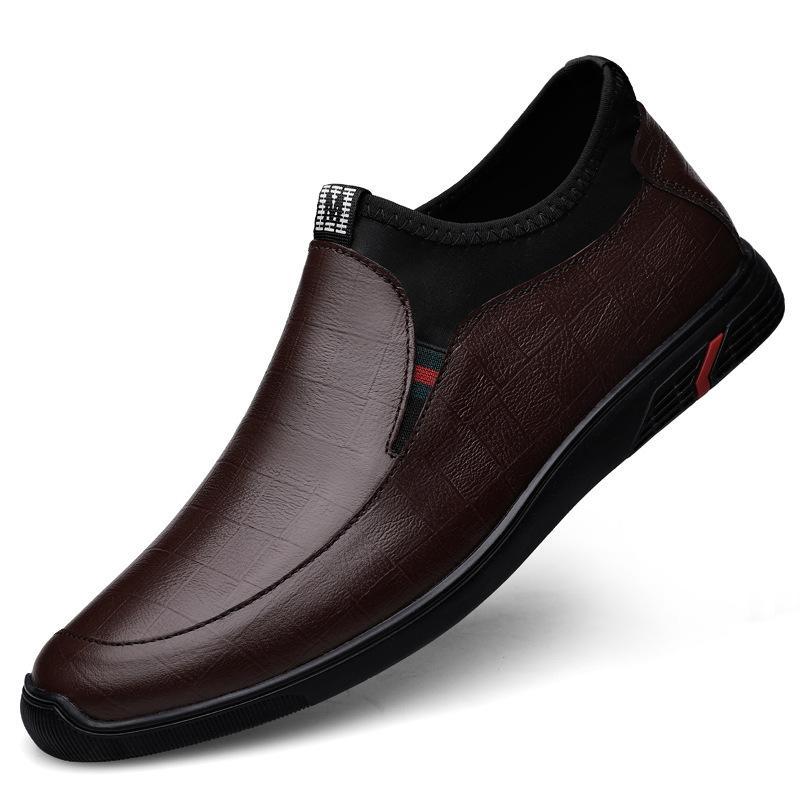 Embossed Plaid Pattern Autumn and Winter Outdoor Low-top Leather Shoes Four-season Models Fleece Warm Soft Leather Boots Flat Men's Shoes
