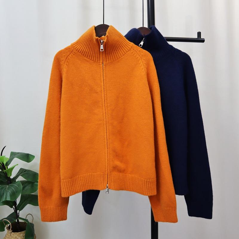 Thickened double zipper sweater jacket autumn and winter new loose solid color casual versatile knitted cardigan women
