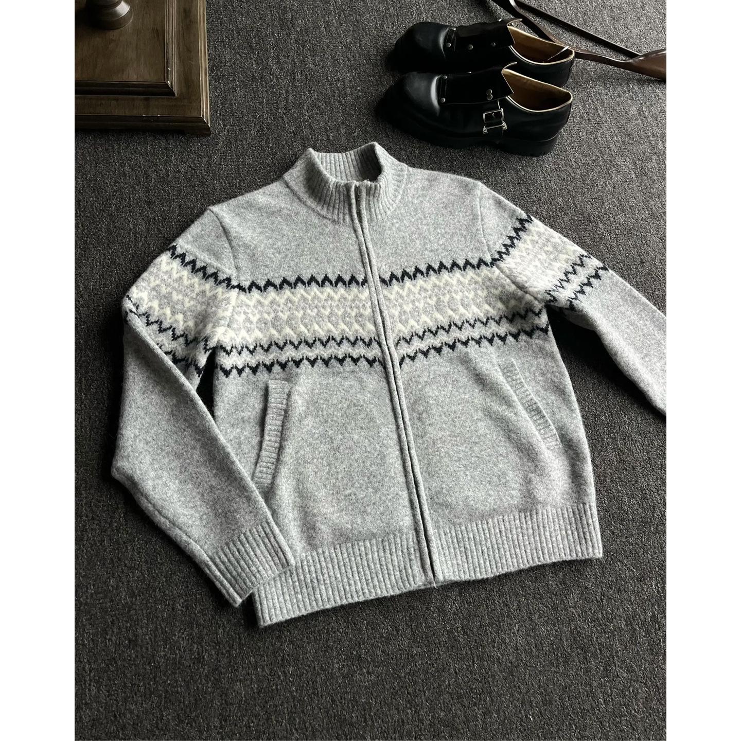 Мужской кардиган на молнии с жаккардовым узором Fair Isle: Осенне-зимний повседневный универсальный трикотаж XL