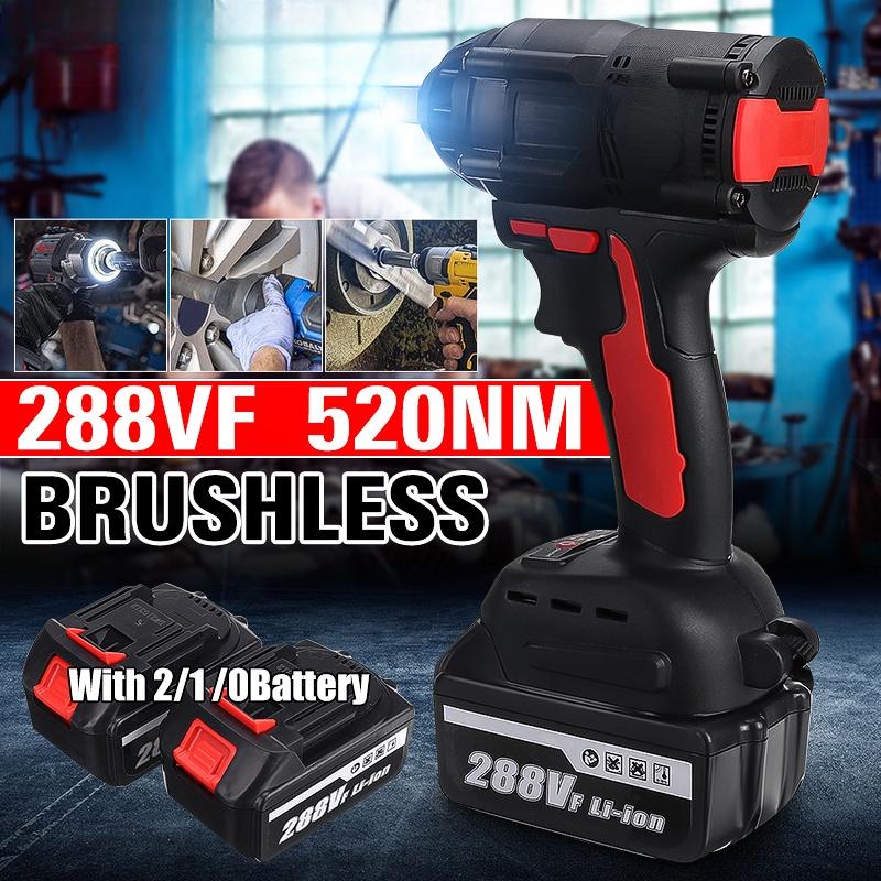 AC 110-240V 520NM 1/2 cala maks., bezszczotkowy klucz udarowy 288VF klucz elektryczny Li-ion z 2 akumulatorami do akumulatora