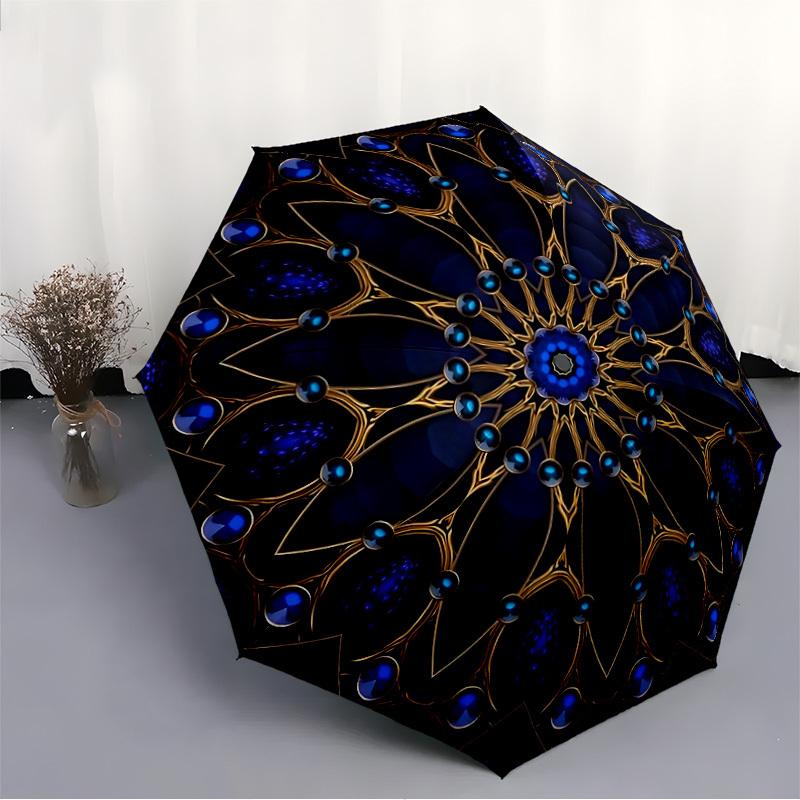 1PC Blue Mandala Automatic Open/close Umbrella with 8-Rib Structure for Women/Men, All-Season Use - Travel Essential, Stylish Accessory, Highquality F
