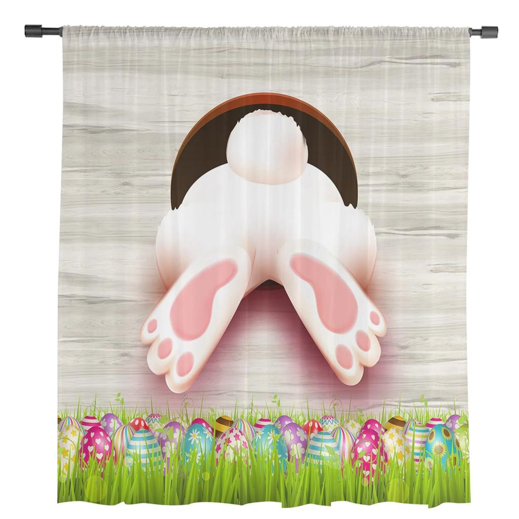 Happy Easter Bunny Butt Grass Egg Tulle Curtains For Living Room Bedroom Voile Sheer Curtain Window Home Decor Drapes
