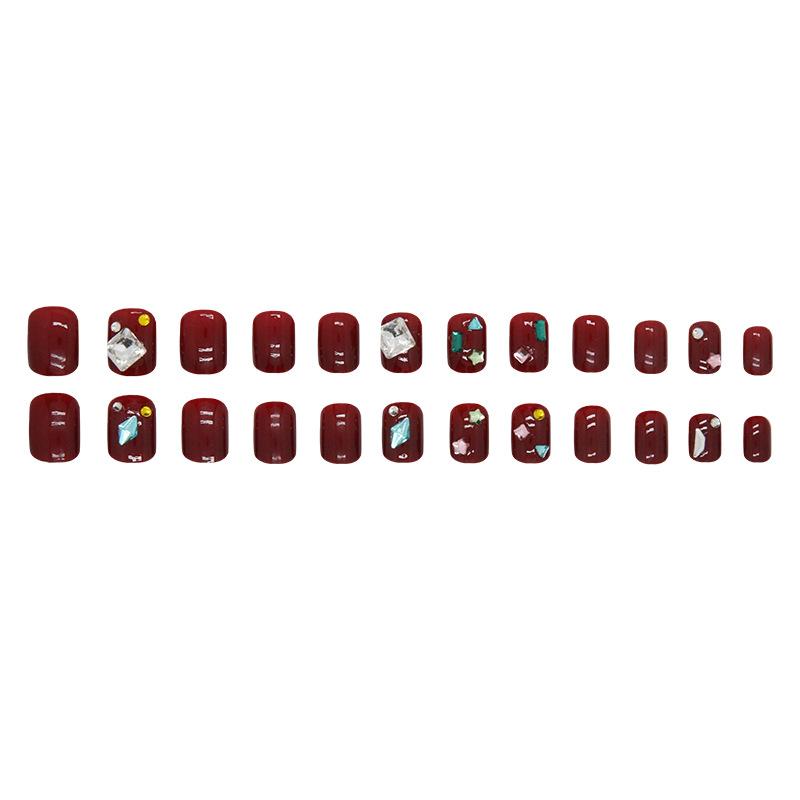 Outono mostra Baijiu vermelho brilhante amor estrelas diamante unhas postiças estilo europeu e americano vestindo nail art