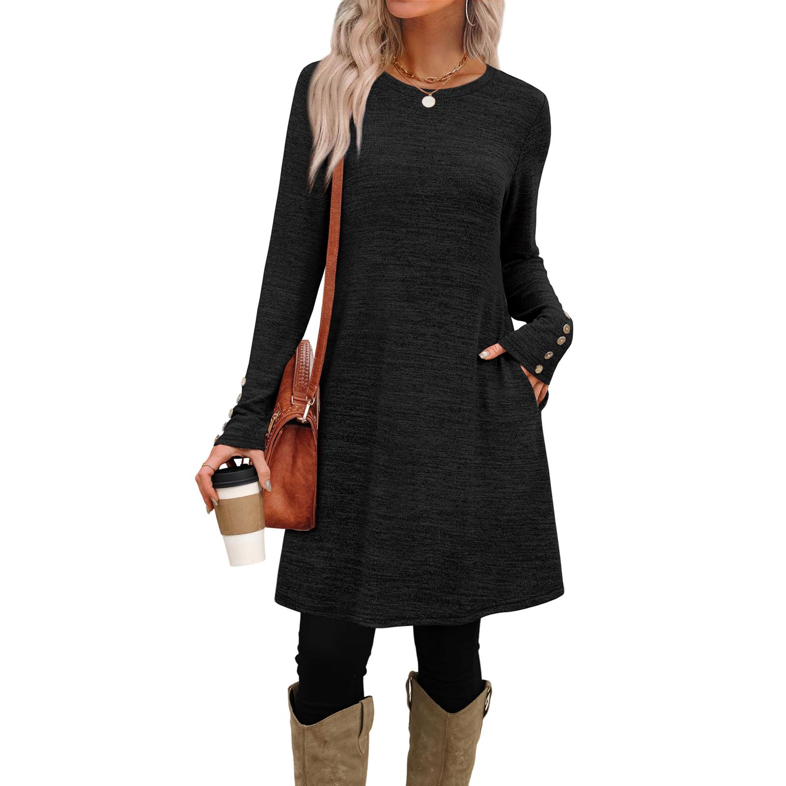

Women s Fashion Casual Dress With Pockets, Decorative Buttons, Round Neck, Long Sleeves, Solid Color L