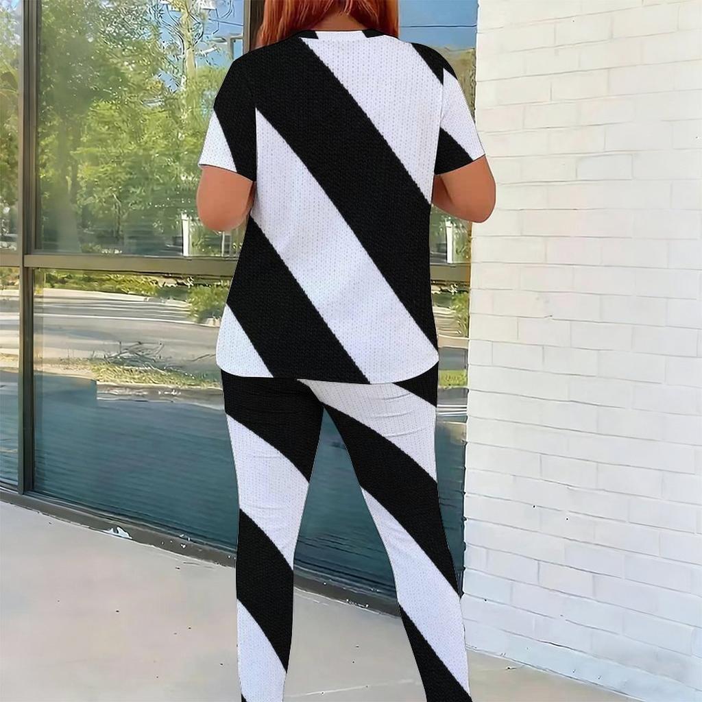 Women Plus Size Black White Printed Round Neck Short Sleeve Top Long Pants Two Piece Set
