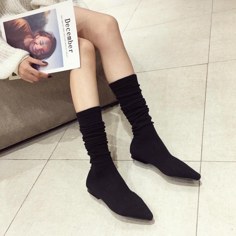 Internet Celebrity Winter Flat Boots Knitted Wool Women's Shoes Socks Pointed Elastic Thick Heel Martin Women's Boots