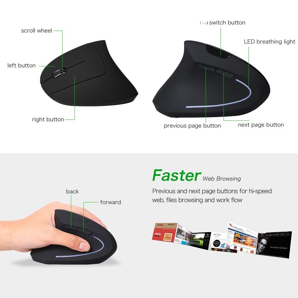2.4G Wireless Vertical Mouse Left Hand USB Ergonomic Optical Mouse Left Handed High Precision Adjustable 800  1200