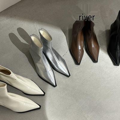 2025 Weiches Leder Bequeme Koreanischer Stil Damen Stiefeletten: Schlankmachend Elastisch Klobig Niedriger Absatz, Spitze Zehe