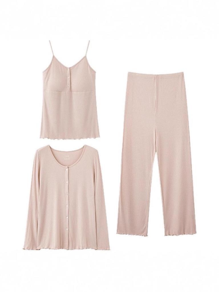 Modal Maternity Pajamas: 3-Piece Autumn Set with Breast Pads, Postpartum Nursing, Belly Comfort, Summer Wear.