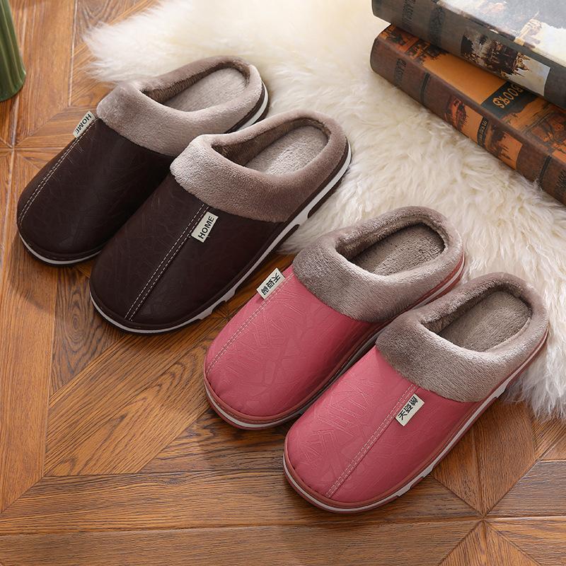 Cotton slippers winter waterproof solid color simple slippers PU Baotou couple simple wool wood floor home