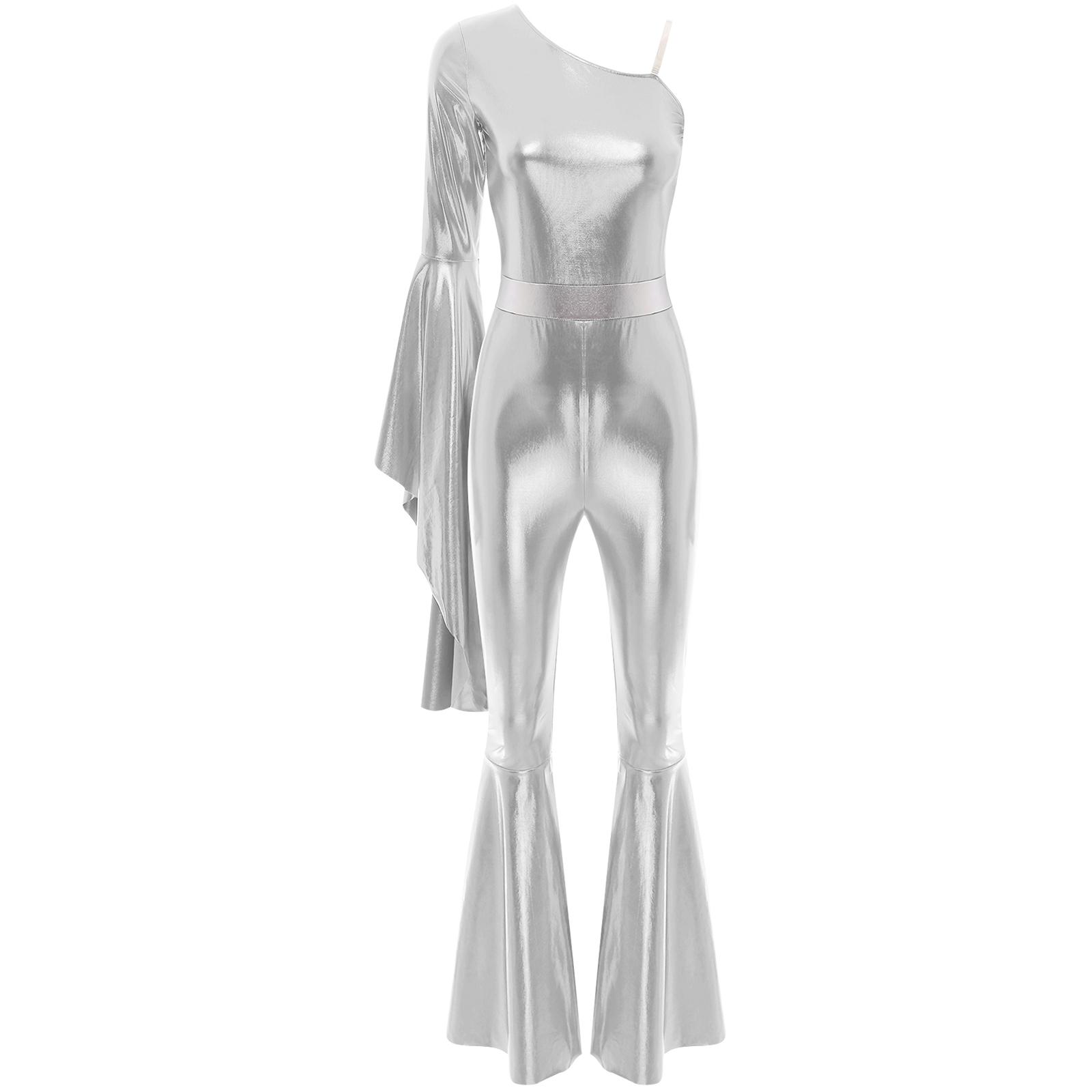 

Womens Retro Disco Jumpsuit Single Shoulder Long Sleeve Flared Bell Metallic Dancewear M