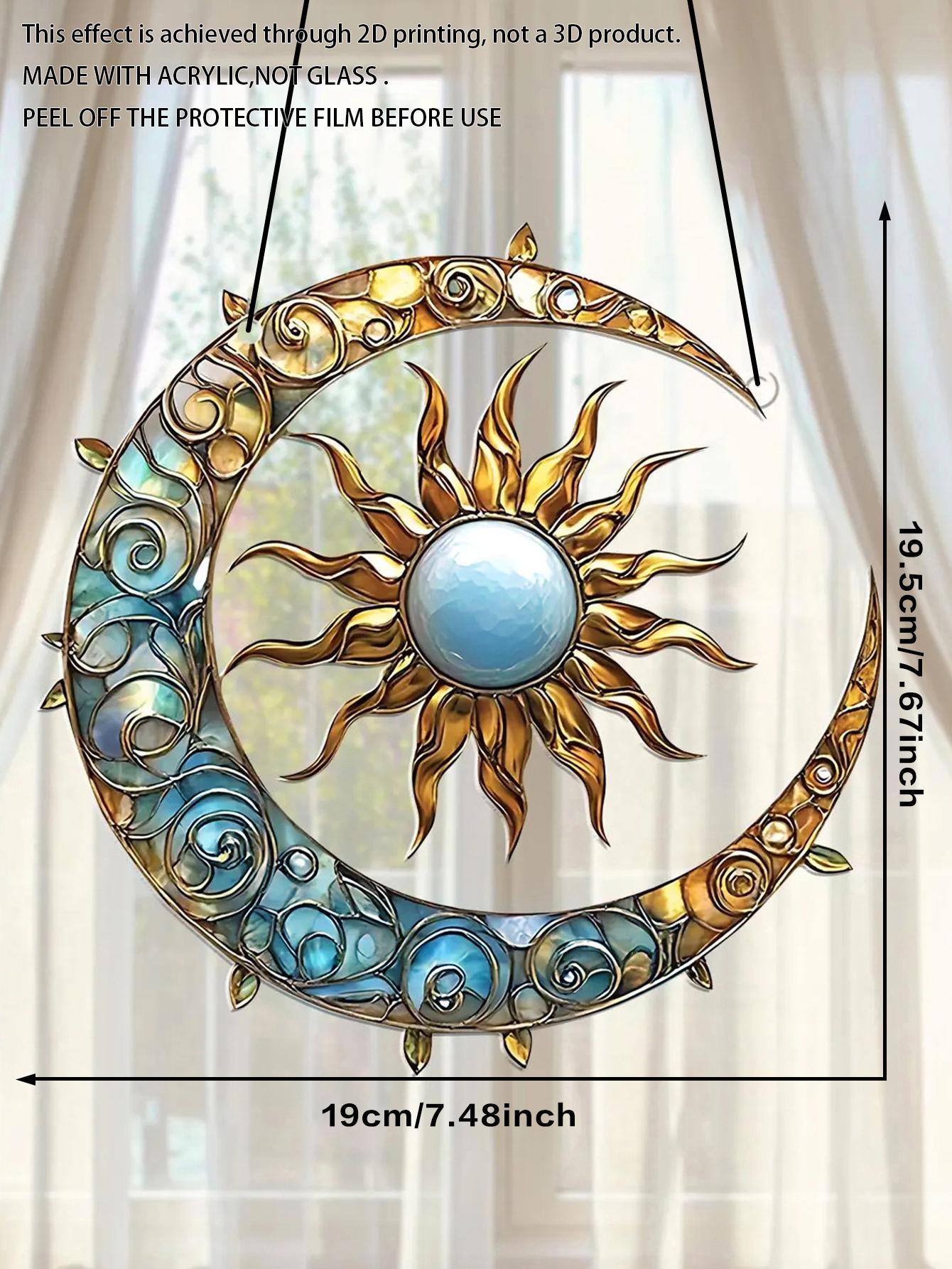 

Boho Acrylic Crescent Moon and Sun Hanging Ornament with Leaves Vines Design Solar Lunar Suncatcher Window Hanging Decor Pendant