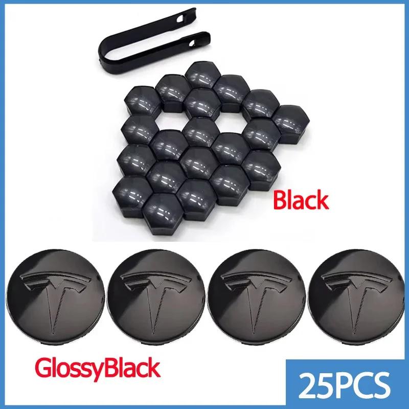 Car Sticker Tesla Glossy Black 25pcs 29pcs Car Wheel Center Hub Caps Valve Cap Tire Lug Nut Covers for Tesla Model 3 Y S X Refit
