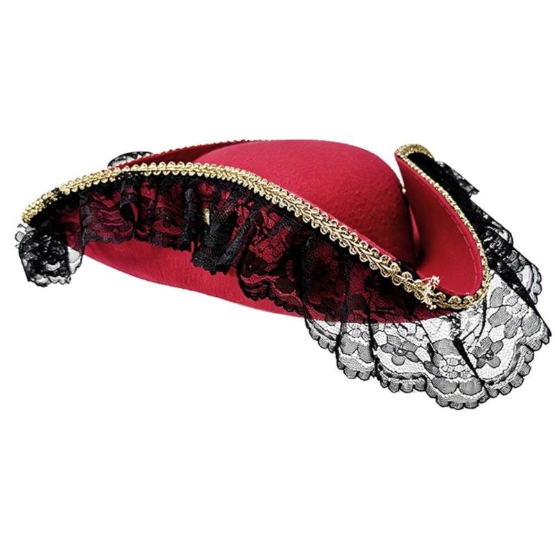 Stylish Black Pirate Hat With Lace And Feather Detail Halloween Cosplay Hat Perfect For Costume Parties