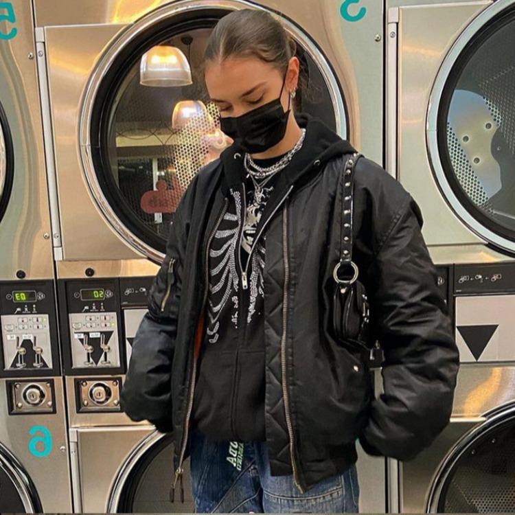 Rhinestone Zipper Hooded Sweatshirt: Streetwear Casual Style, Solid Color, Loose Fit.