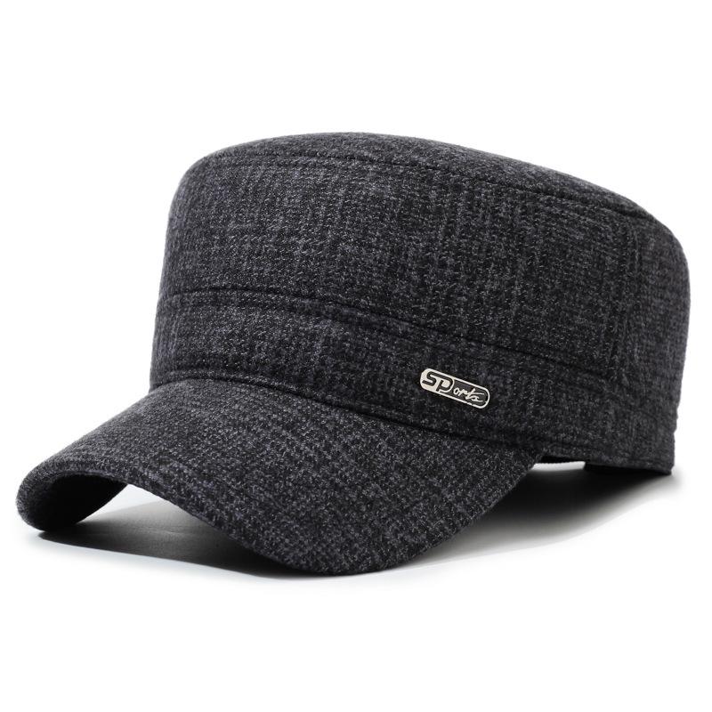 Winte Nouveau Laine Wam Coton Personnes Âgées Vélo Marche Preuve du Froid Ea Protection Chapeau à Calotte Plate Pour Hommes Adjustable black