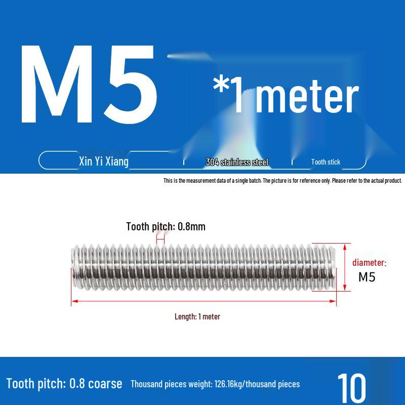 304 Stainless Steel Full Threaded Rod, 1 Meter, available in sizes M3, M6, M8, M10, M12.