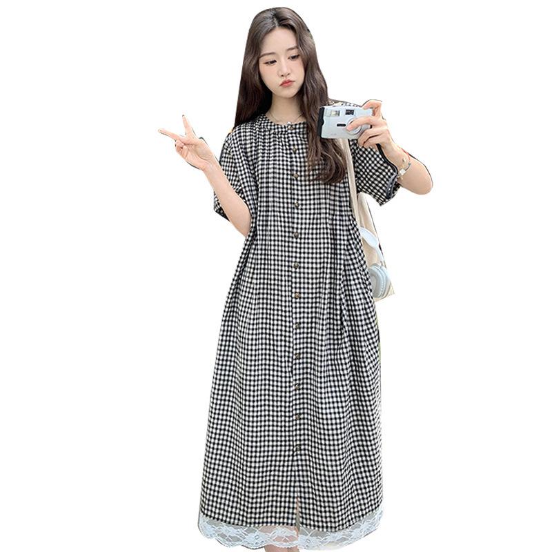 2026 Summer Lace Patchwork Retro Plaid Maternity Dress - Loose Fit, Plus Size