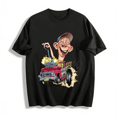 Goofy Modified Truck Guy Print Tee Retro American Hot Rod Casual Top Pure Cotton T-shirt