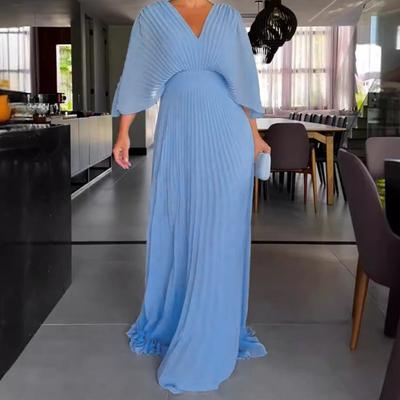 Women Evening Dress Dolman Sleeves Pleated V Neck Pure Color High Slim Waist Full Length Party Prom Maxi Dress