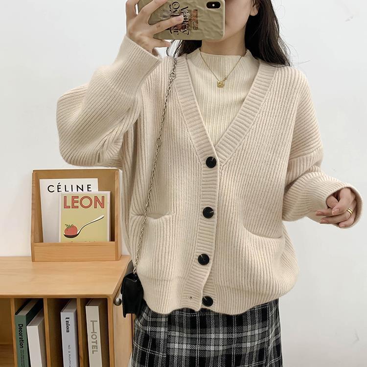 Knitted cardigan women's buttons autumn and winter new lazy wind soft waxy loose v-neck loose sweater jacket women