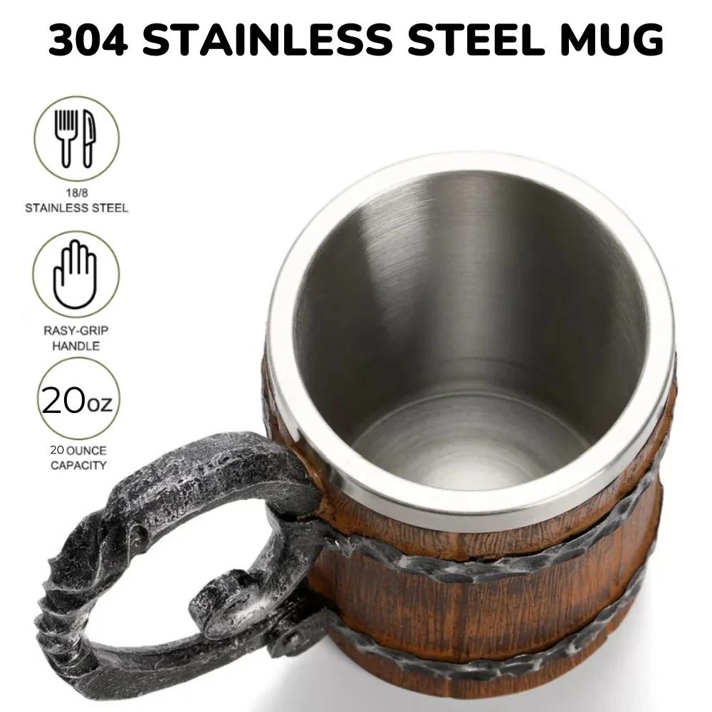Viking Beer Mug Stainless Steel Cup with Resin Craft, Medieval Theme Tankard for Bar Decor, Unique Gifts for Men, Halloween Gift