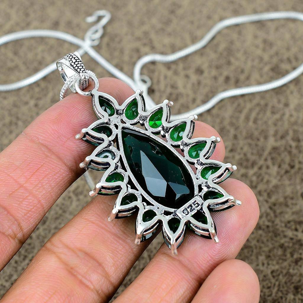 Chrome Diopside Gemstone Handmade 925 Sterling Silver Jewelry Pendant 2.48" KKG-275