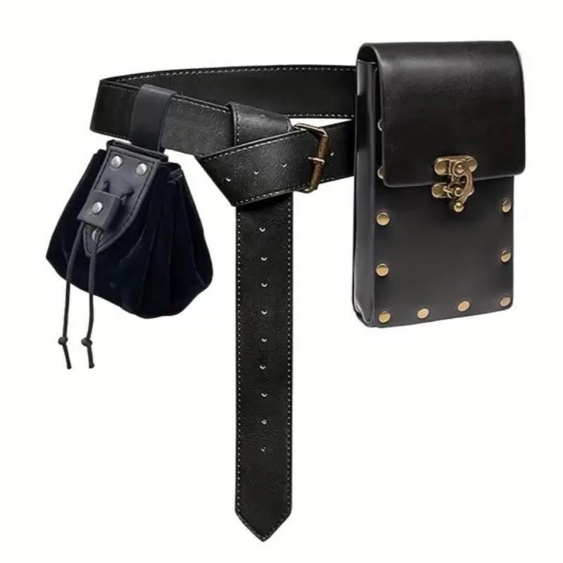 Medieval Leather Waistband Belt with Cord and Pouch