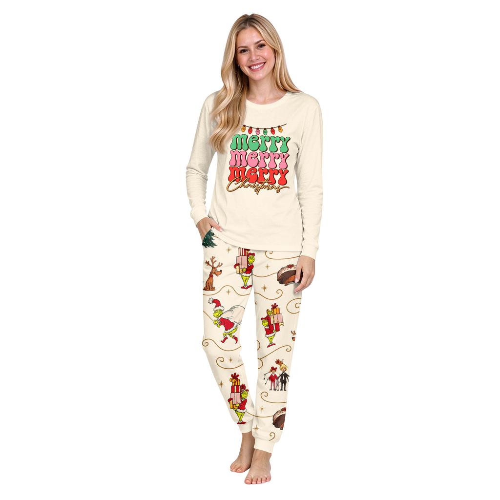 Christmas Print Round Neck Top and Jogger Pants Set for Holiday Lounging and Casual Wear