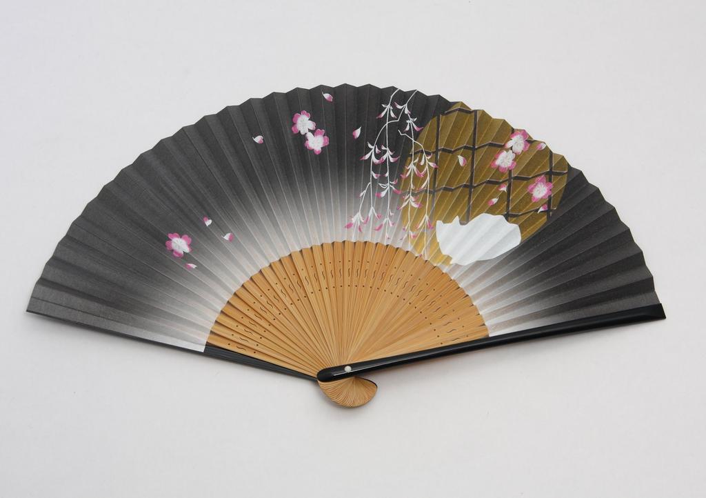 Kyo Fan Cat Kyoto Craftsman Handmade Black Painted Fan with Fan Bag and Cosmetic Box [Hasegawa]