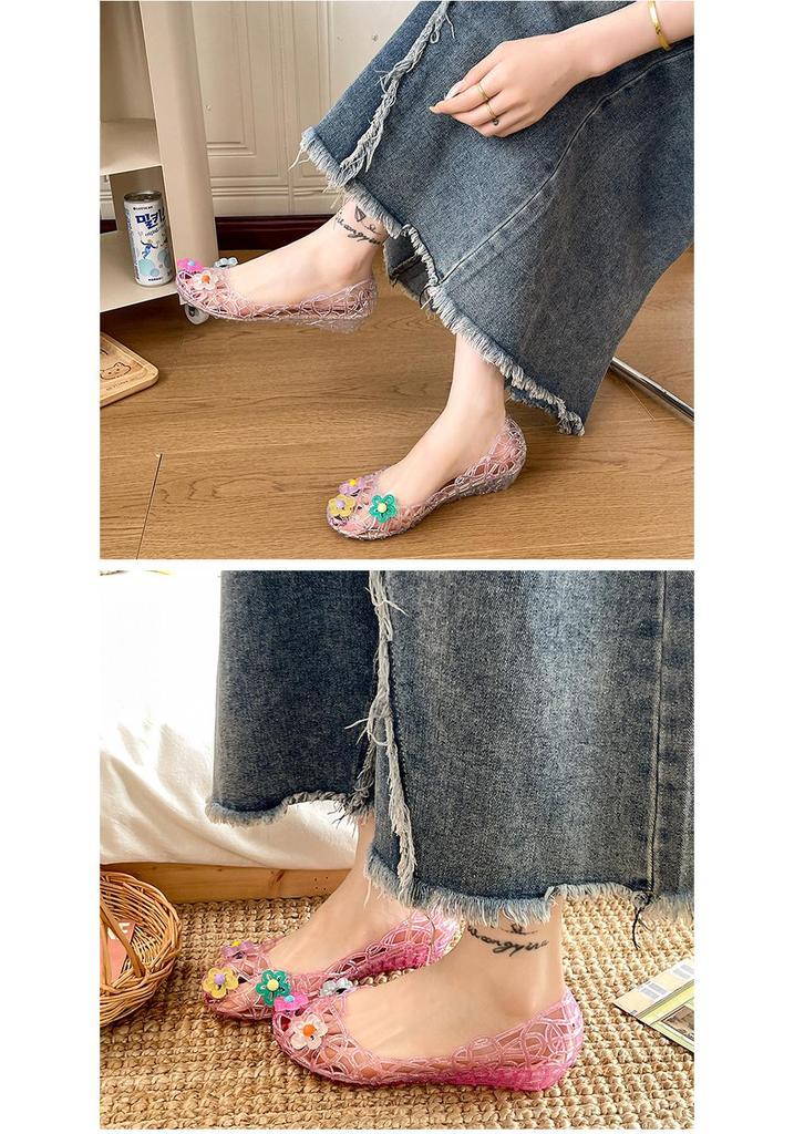 Women's Summer Crystal Flower Jelly Shoes - Breathable, Non-slip, Soft Sole Casual Beach Flats